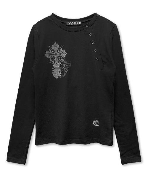 TEE CROSS ASYMMETRY BUTTON SLEEVE LONG - 2 COLORS BLACK