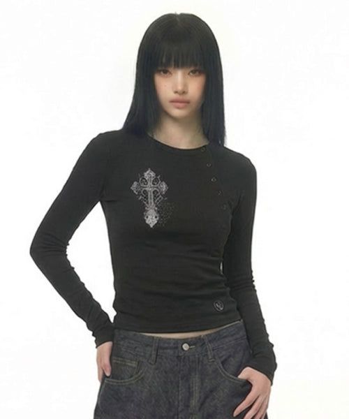 TEE CROSS ASYMMETRY BUTTON SLEEVE LONG - 2 COLORS BLACK