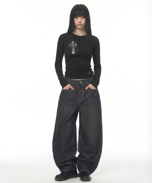 TEE CROSS ASYMMETRY BUTTON SLEEVE LONG - 2 COLORS BLACK