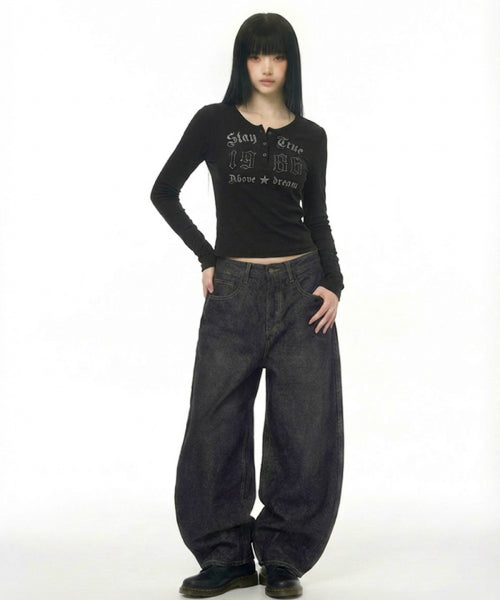 1986 LETTERING BUTTON SLEEVE LONG BLACK
