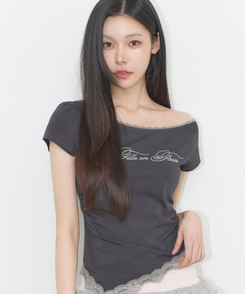 LACE SHIRRING TOP - 3 COLORS CHARCOAL