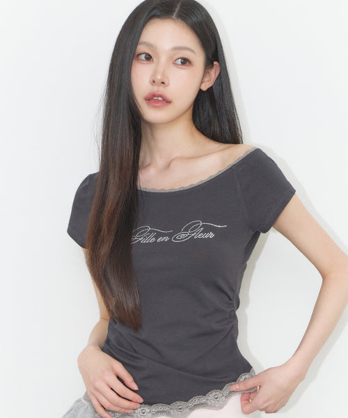 LACE SHIRRING TOP - 3 COLORS CHARCOAL
