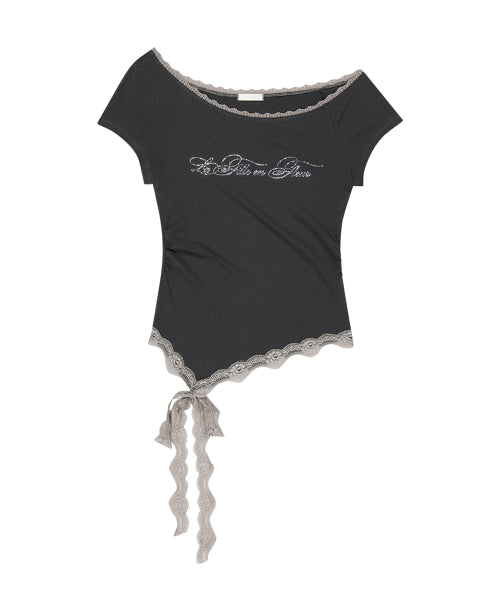 LACE SHIRRING TOP - 3 COLORS CHARCOAL