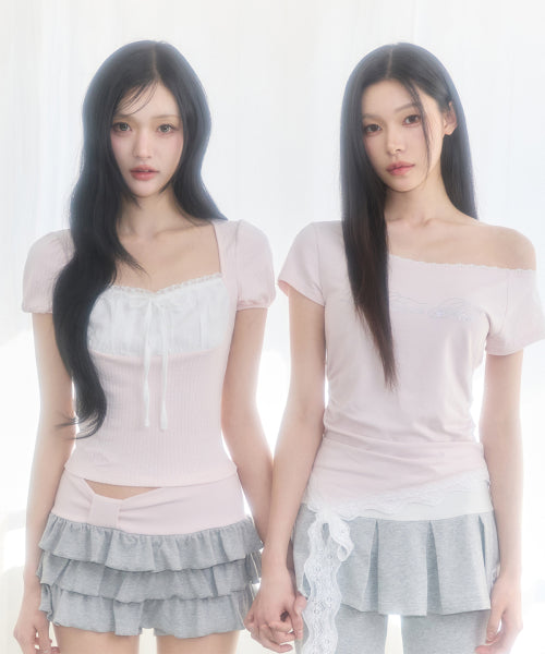 LACE SHIRRING TOP - 3 COLORS PINK