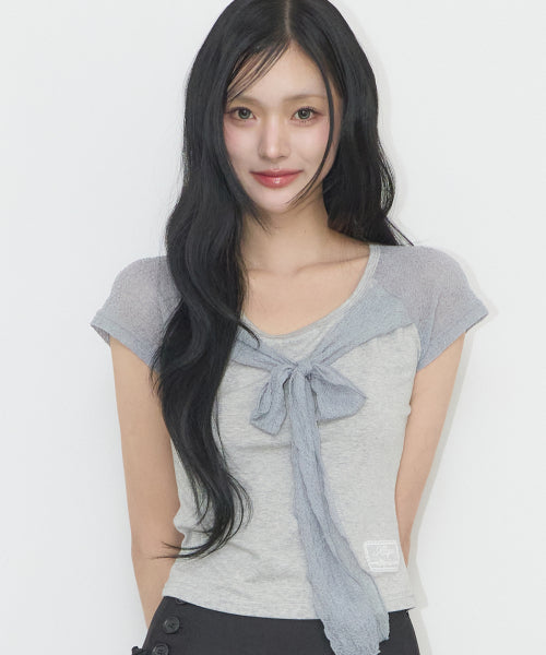 LACE RIBBON T-SHIRT - 3 COLORS MELANGE GREY