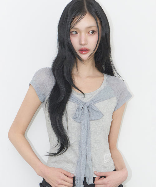 LACE RIBBON T-SHIRT - 3 COLORS MELANGE GREY