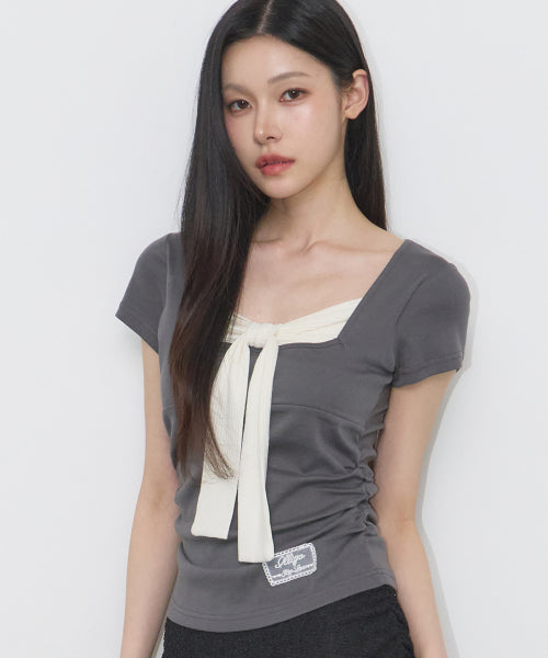 LAYERED RIBBON T-SHIRT - 4 COLORS CHARCOAL