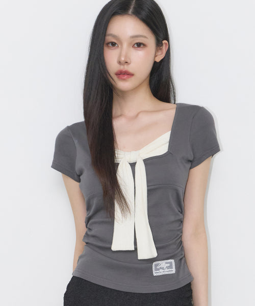LAYERED RIBBON T-SHIRT - 4 COLORS CHARCOAL