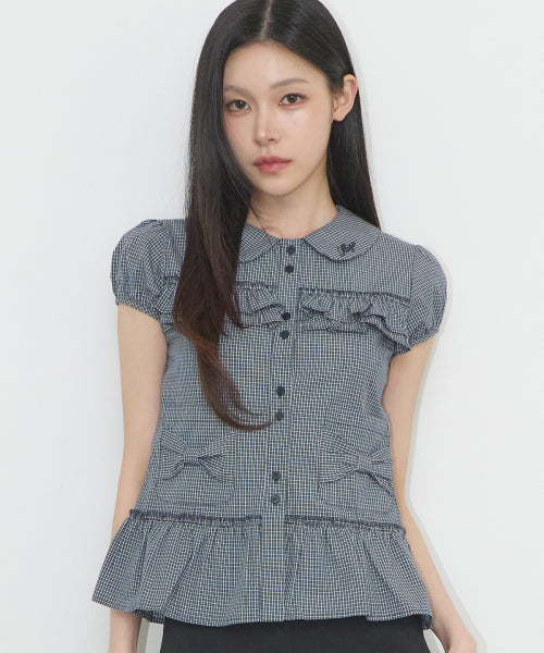 POCKET RUFFLE BLOUSE - 4 COLORS NAVY