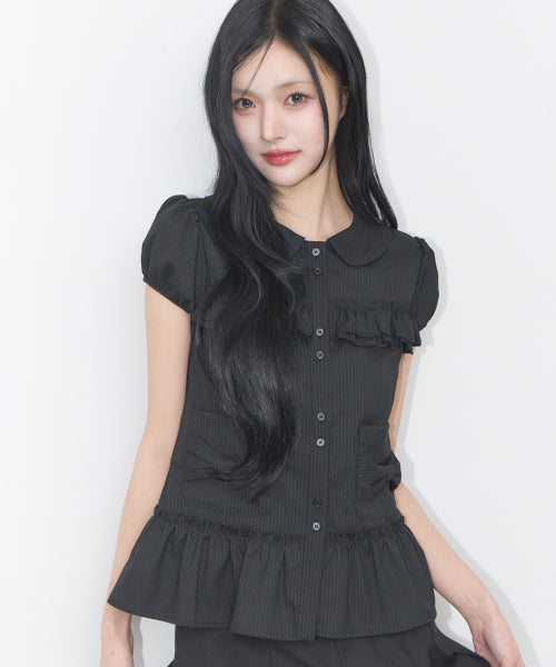 POCKET RUFFLE BLOUSE - 4 COLORS BLACK
