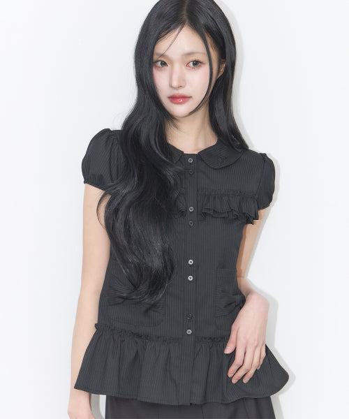 POCKET RUFFLE BLOUSE STRIPE - 4 COLORS BLACK