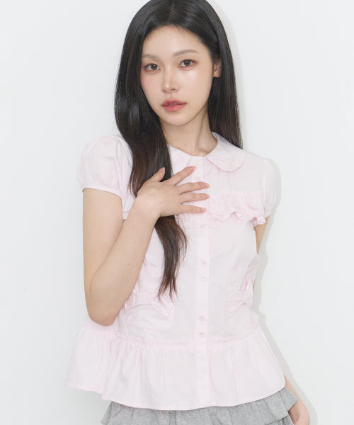 POCKET RUFFLE BLOUSE STRIPE - 4 COLORS PINK
