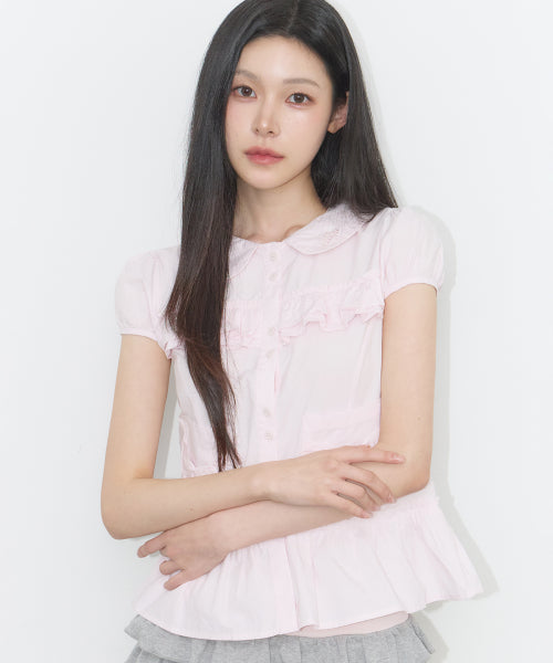 POCKET RUFFLE BLOUSE STRIPE - 4 COLORS PINK