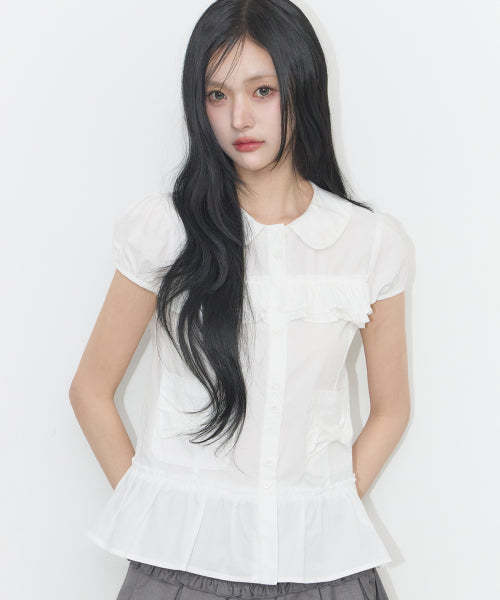 POCKET RUFFLE BLOUSE - 4 COLORS WHITE
