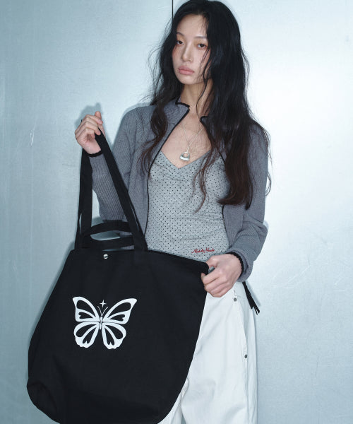 BUTTERFLY GRAPHIC CANVAS BAG OATMEAL - 2 COLORS BLACK