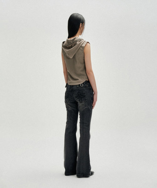 W EYELET CONTRAST HOOD VEST - - 2 COLORS BEIGE