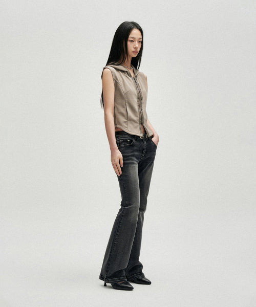 W EYELET CONTRAST HOOD VEST - - 2 COLORS BEIGE