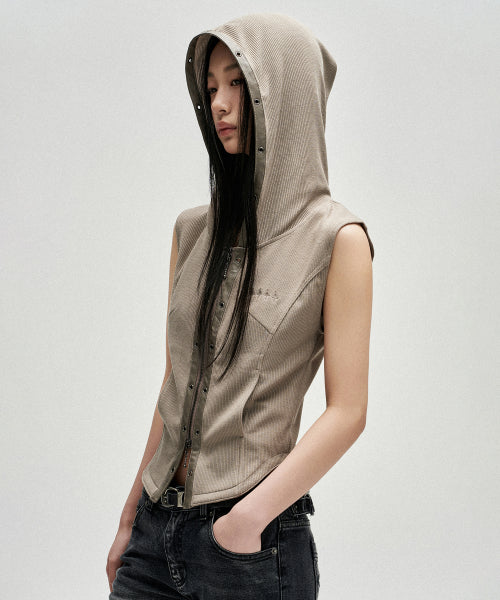 W EYELET CONTRAST HOOD VEST - - 2 COLORS BEIGE