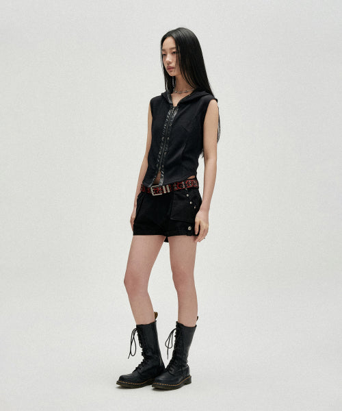 W EYELET CONTRAST HOOD VEST - - 2 COLORS BLACK