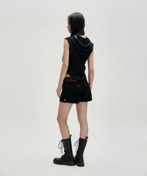 W EYELET CONTRAST HOOD VEST - - 2 COLORS BLACK