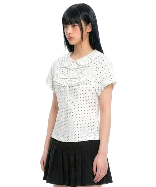 DOT SHIRRING COLLAR TEE WHITE