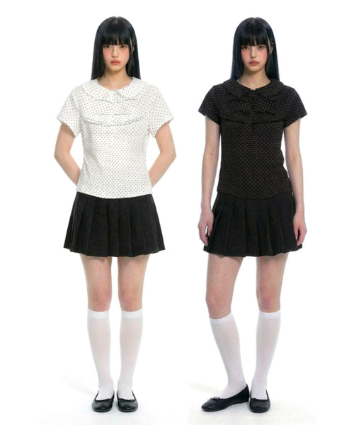 DOT SHIRRING COLLAR TEE WHITE