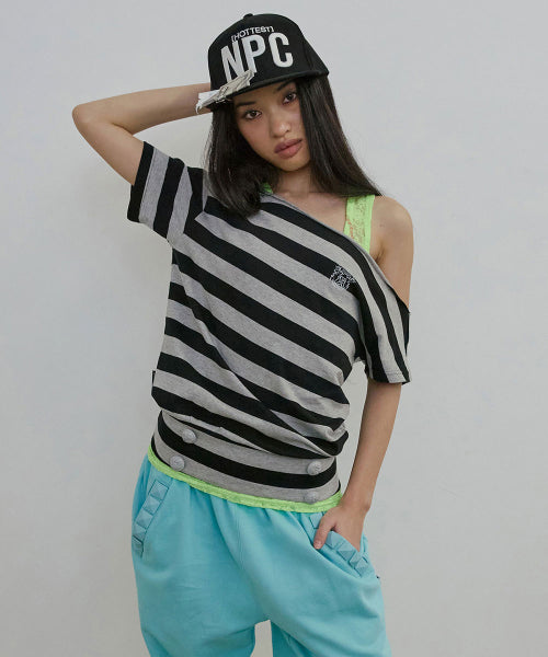 BUTTON STRIPE TEE YELLOW - 3 COLORS MELANGE GREY