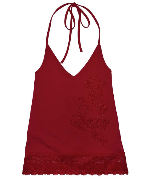 EYELET EMBROIDERY HALTER TOP - 4 COLORS RED