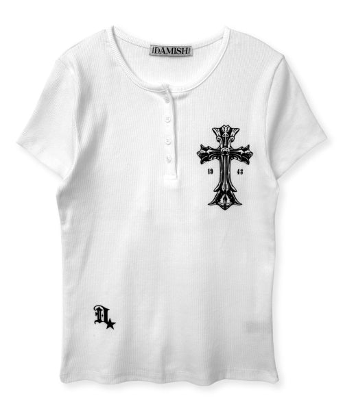 GOTHIC CROSS HENLEY NECK SHORT SLEEVE - 3 COLORS WHITE