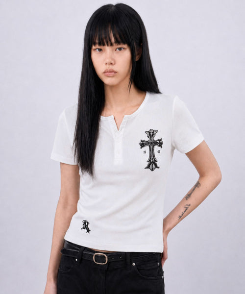 GOTHIC CROSS HENLEY NECK SHORT SLEEVE - 3 COLORS WHITE