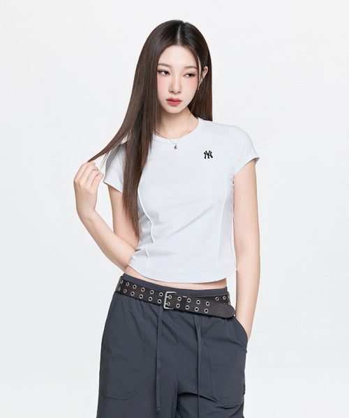 SLIM CROP FIT CAP SLEEVE SHORT SLEEVE T-SHIRT NY #KARINA同款! - 3 COLORS WHITE