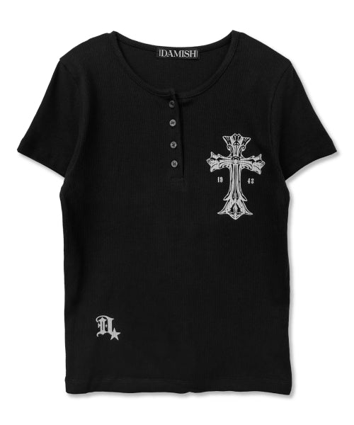 GOTHIC CROSS HENLEY NECK SHORT SLEEVE - 3 COLORS BLACK