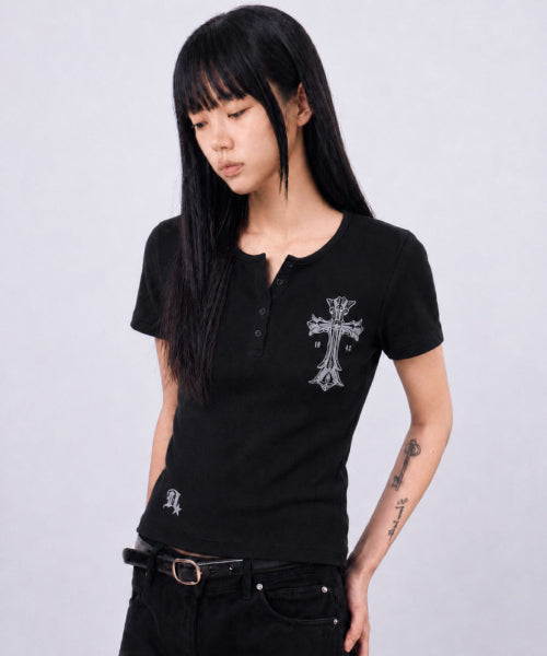 GOTHIC CROSS HENLEY NECK SHORT SLEEVE - 3 COLORS BLACK