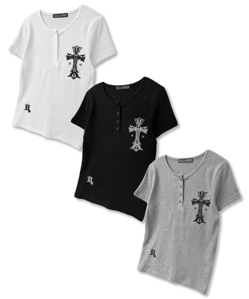 GOTHIC CROSS HENLEY NECK SHORT SLEEVE - 3 COLORS BLACK