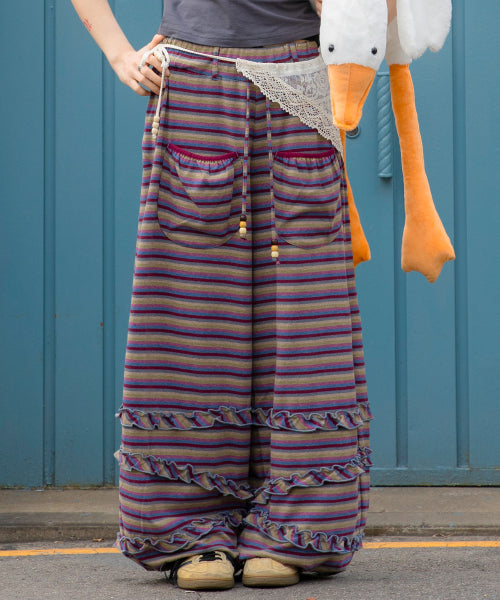 STRIPE FRILL BALLOON PANTS - 3 COLORS PURPLE