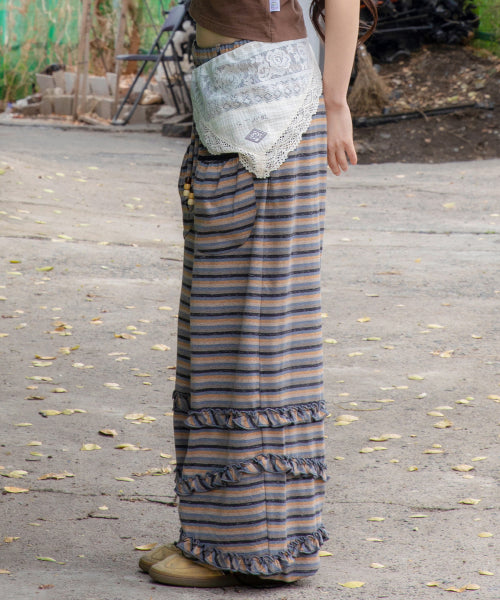 STRIPE FRILL BALLOON PANTS - 3 COLORS BLUE
