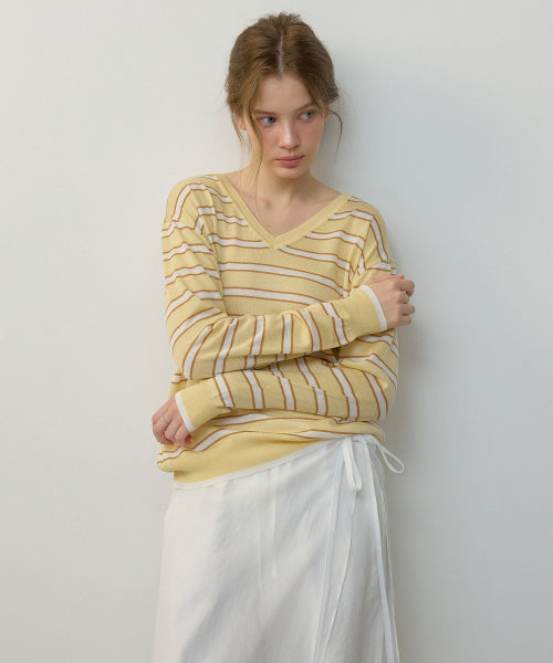 LINEN V-NECK STRIPE PULLOVER KNIT - 2 COLORS