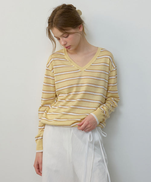LINEN V-NECK STRIPE PULLOVER KNIT - 2 COLORS