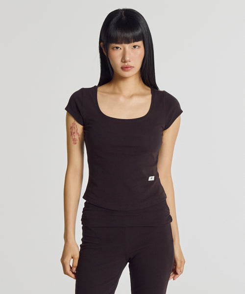 WOMEN FITTED SQUARE NECK CAP SLEEVE TEE - 3 COLORS BROWN