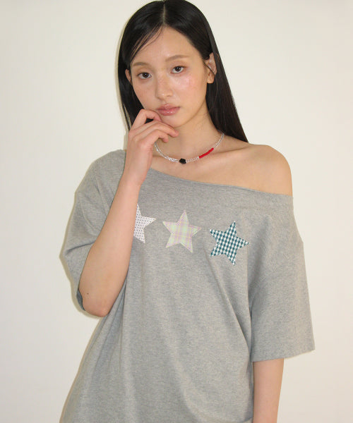 3 STAR APPLIQUE OFF SHOULDER T SHIRT - 2 COLORS GREY