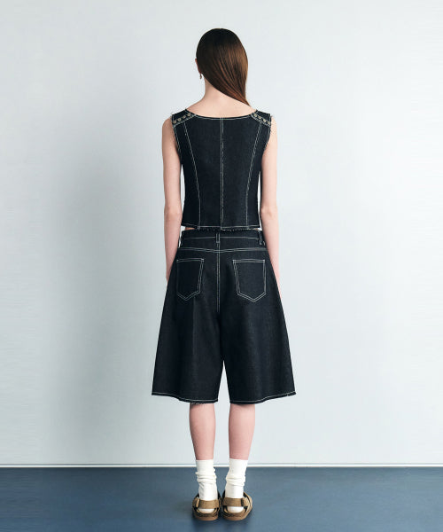 SIGNATURE LOW CUT EYELET HALF DENIM SHORTS - 2 COLORS BLACK