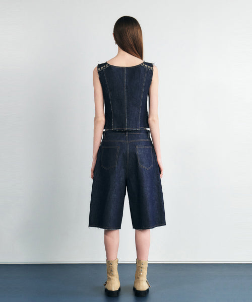 SIGNATURE LOW CUT EYELET HALF DENIM SHORTS - 2 COLORS INDIGO