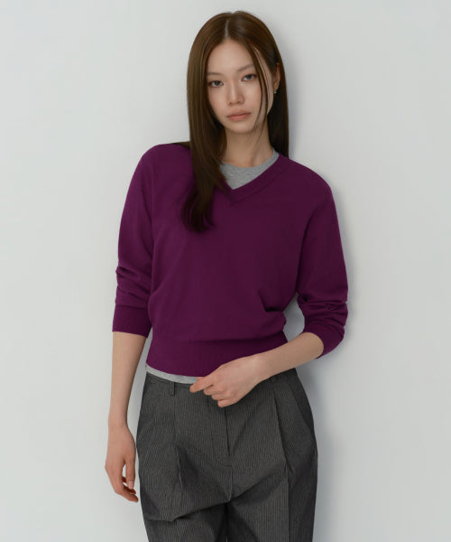WOMEN'S ESSENTIAL V-NECK KNIT - 9 COLORS PURPLE
