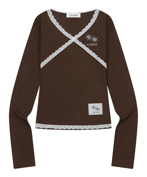LACE CROSS V-NECK LONG SLEEVE TEE - 4 COLORS BLACK