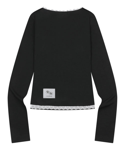 LACE CROSS V-NECK LONG SLEEVE TEE - 4 COLORS BLACK