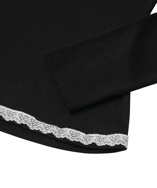 LACE CROSS V-NECK LONG SLEEVE TEE - 4 COLORS BLACK