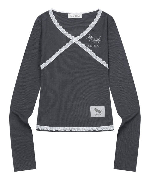 LACE CROSS V-NECK LONG SLEEVE TEE - 4 COLORS BLACK