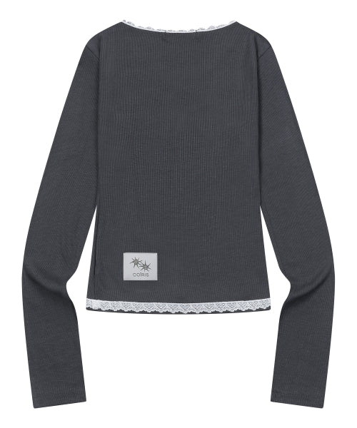 LACE CROSS V-NECK LONG SLEEVE TEE - 4 COLORS BLACK