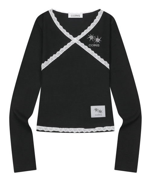LACE CROSS V-NECK LONG SLEEVE TEE - 4 COLORS BLACK