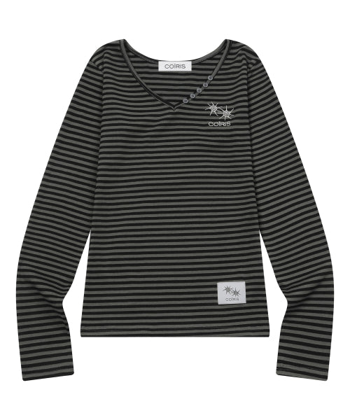 V-NECK STRIPE LONG SLEEVE TEE BLACK